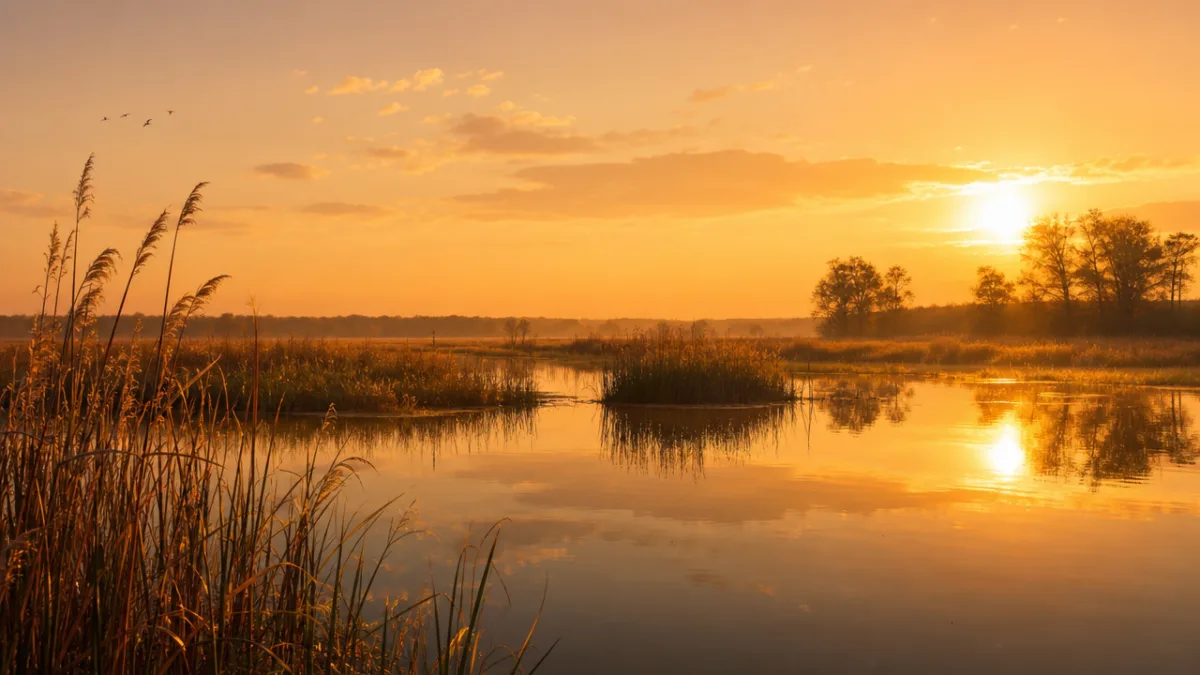 a serene marshland at golden hour with still water reflecting reeds and…