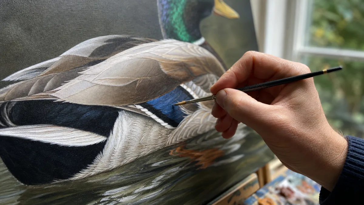 an artist's hand painting detailed duck feathers on canvas, close-up with focused…