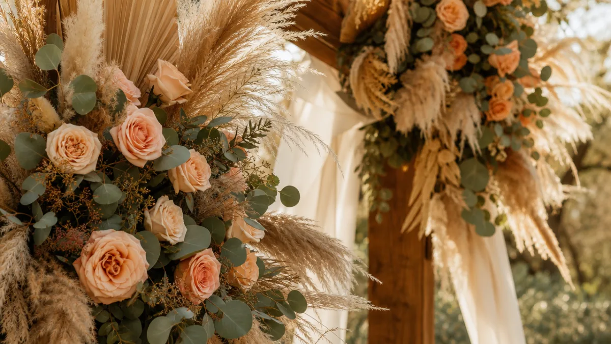 a close-up of a wedding altar covered in peach roses, dried pampas…