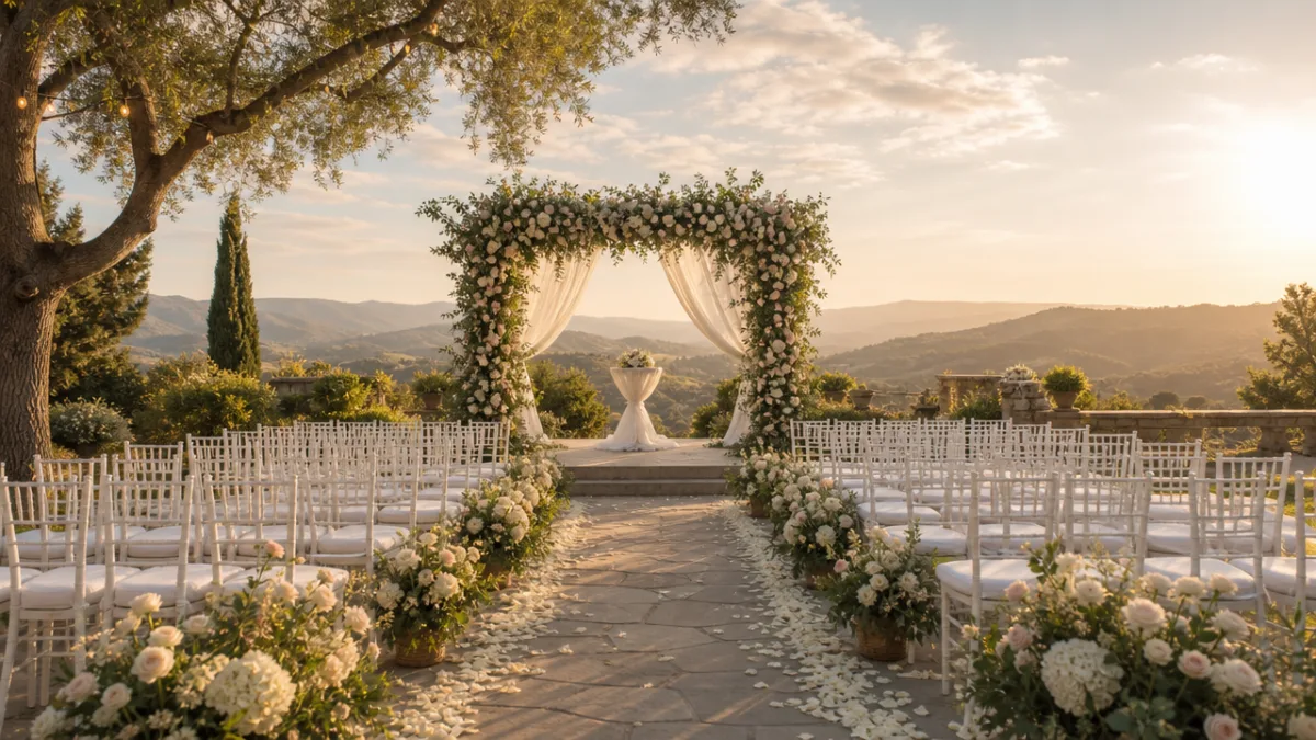 a wide-angle view of an elegant outdoor wedding ceremony setup with a…