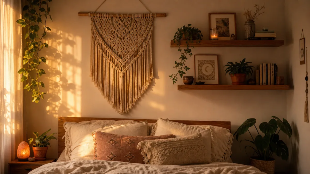 a cozy bedroom wall with handmade macrame hanging and floating wooden shelves,…