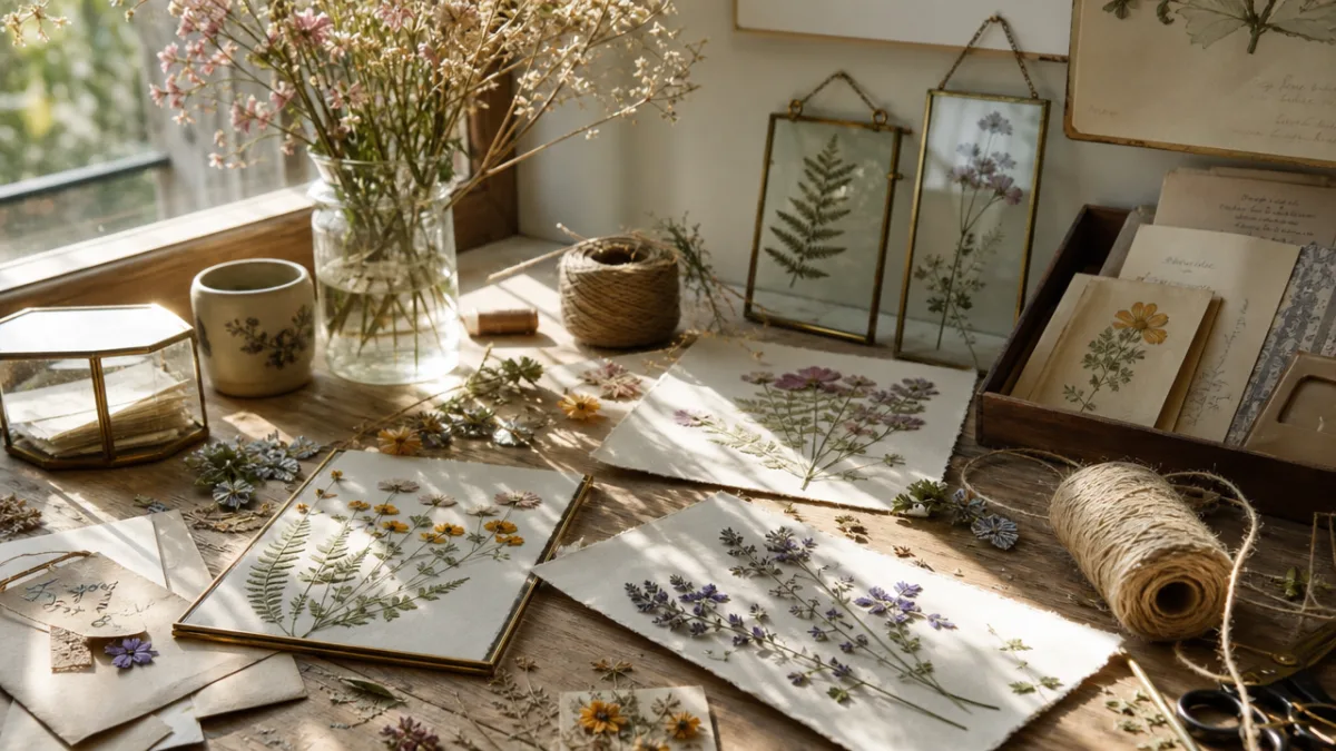a sunlit craft table covered with pressed botanicals, dried flowers, glass frames,…