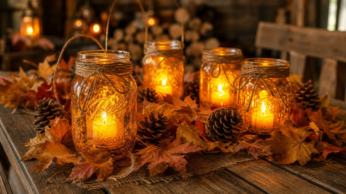 a warm rustic wooden table with glowing amber mason jar lanterns surrounded…