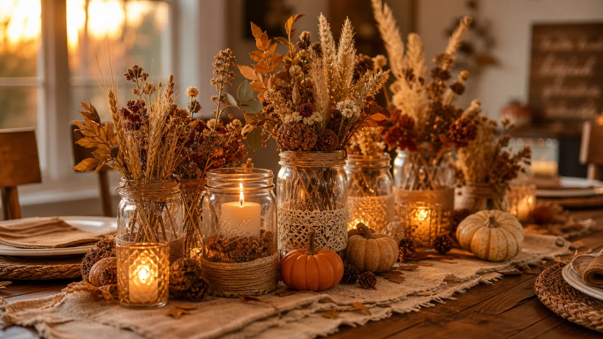 a cozy autumn dining table centerpiece with mason jar arrangements, dried botanicals,…