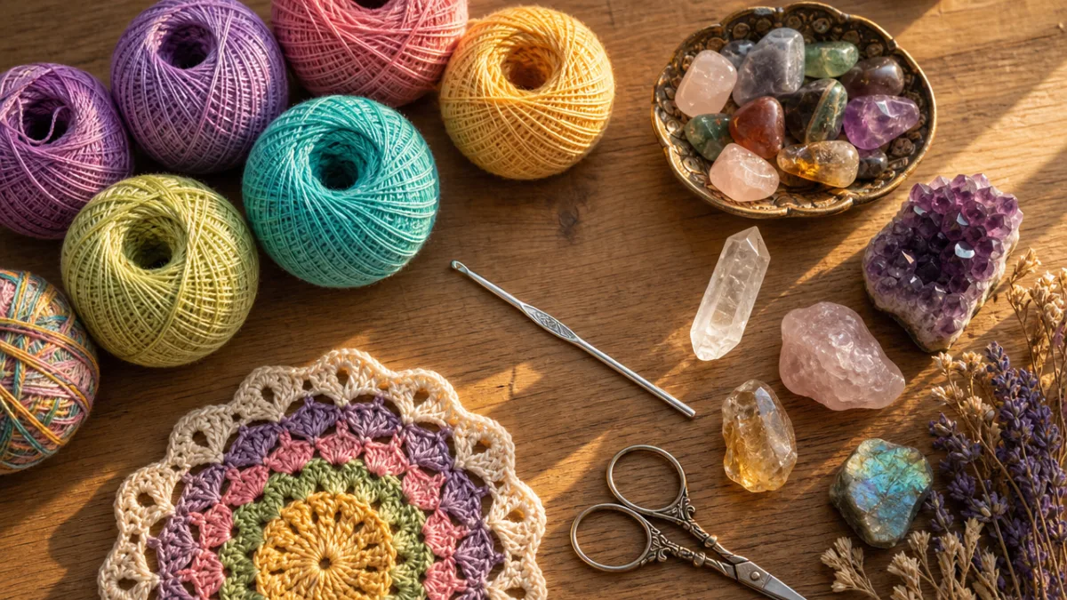 a flat lay of colorful crochet threads, crystals, and a small silver…