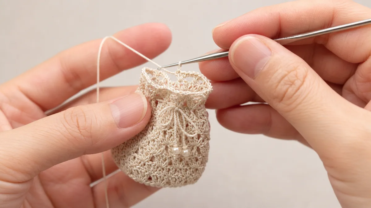 close-up of hands crocheting a small delicate pouch with fine thread and…