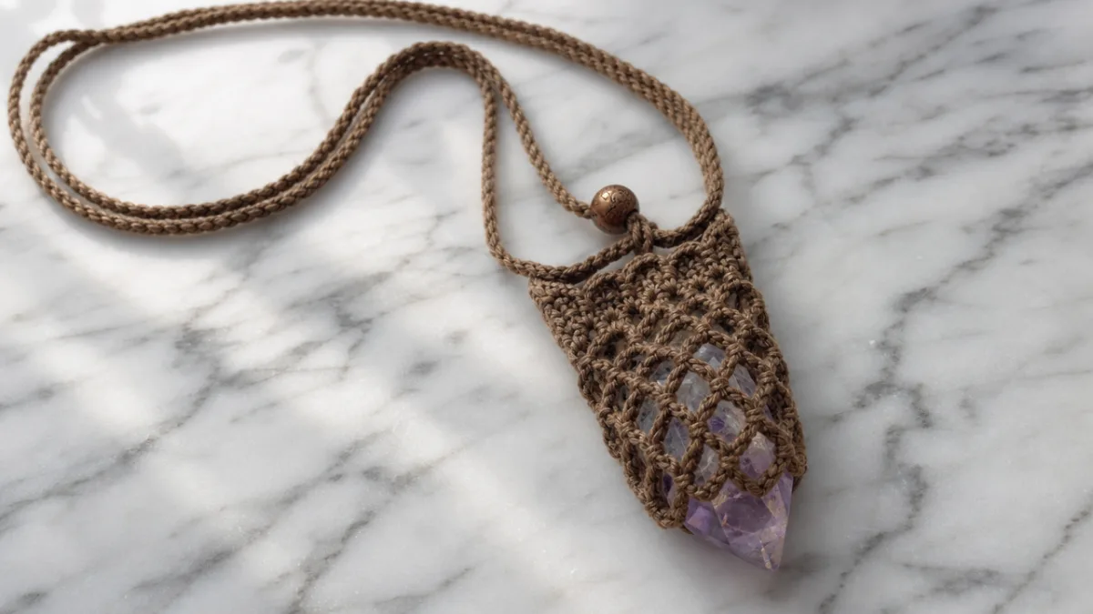 a finished crocheted crystal pendant pouch draped over a smooth white marble…