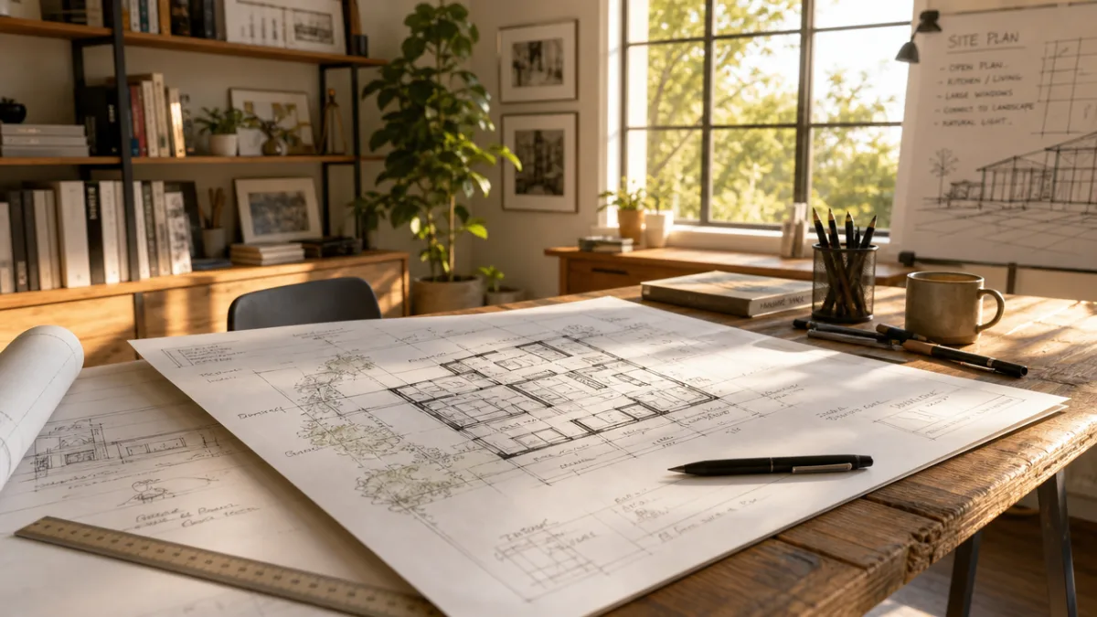a bright home office with freshly sketched blueprints laid on a wooden…