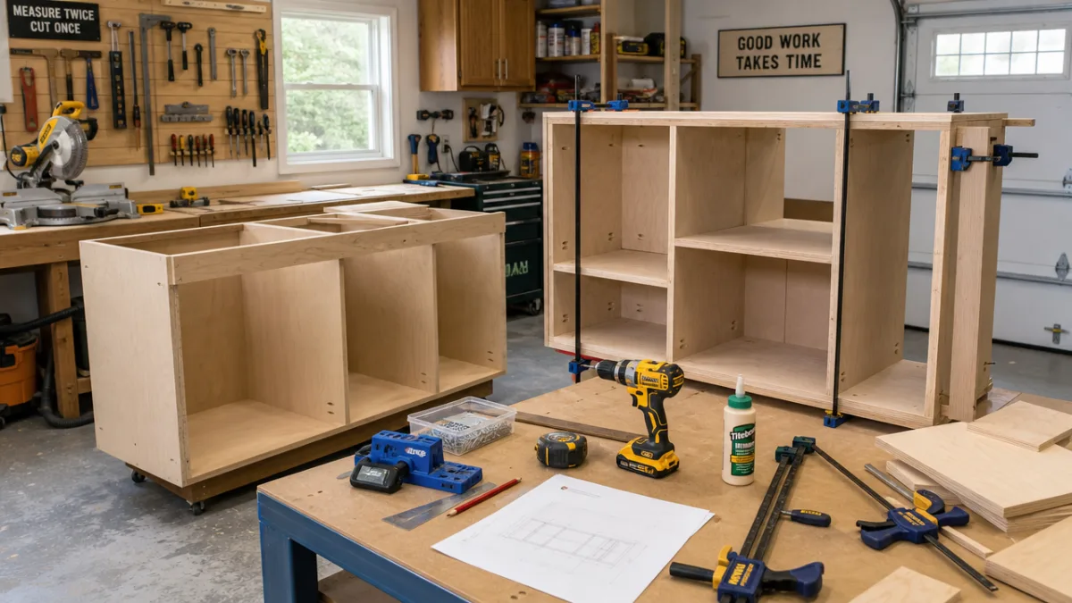 a well-lit garage workshop with plywood carcasses mid-assembly, clamps and power tools…
