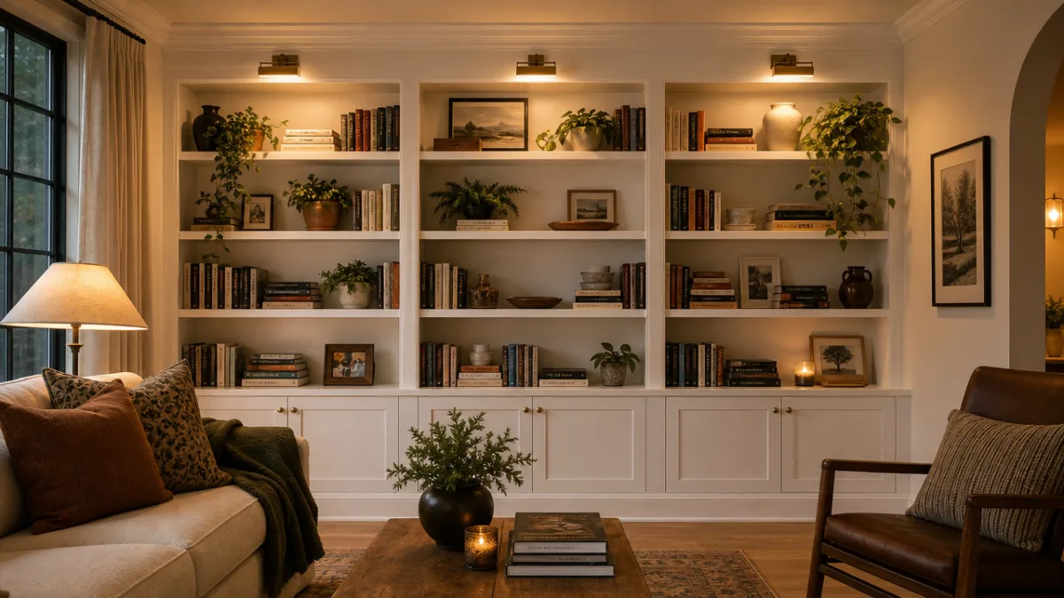 a finished living room built-in bookshelf painted white, styled with books and…