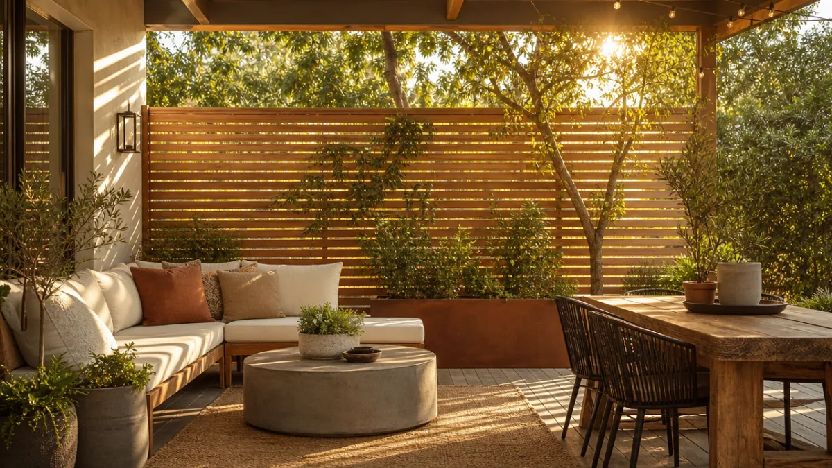 a beautifully designed backyard patio with a slatted wooden privacy screen, warm…