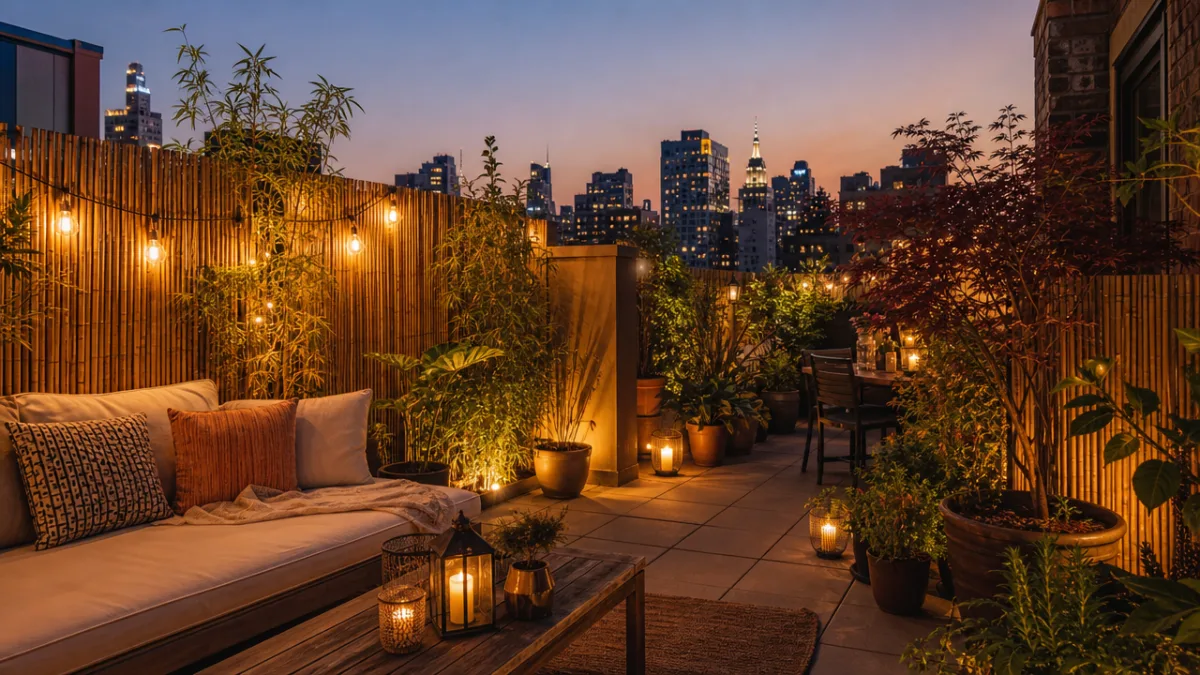a cozy urban rooftop terrace with bamboo privacy screens, potted plants, and…