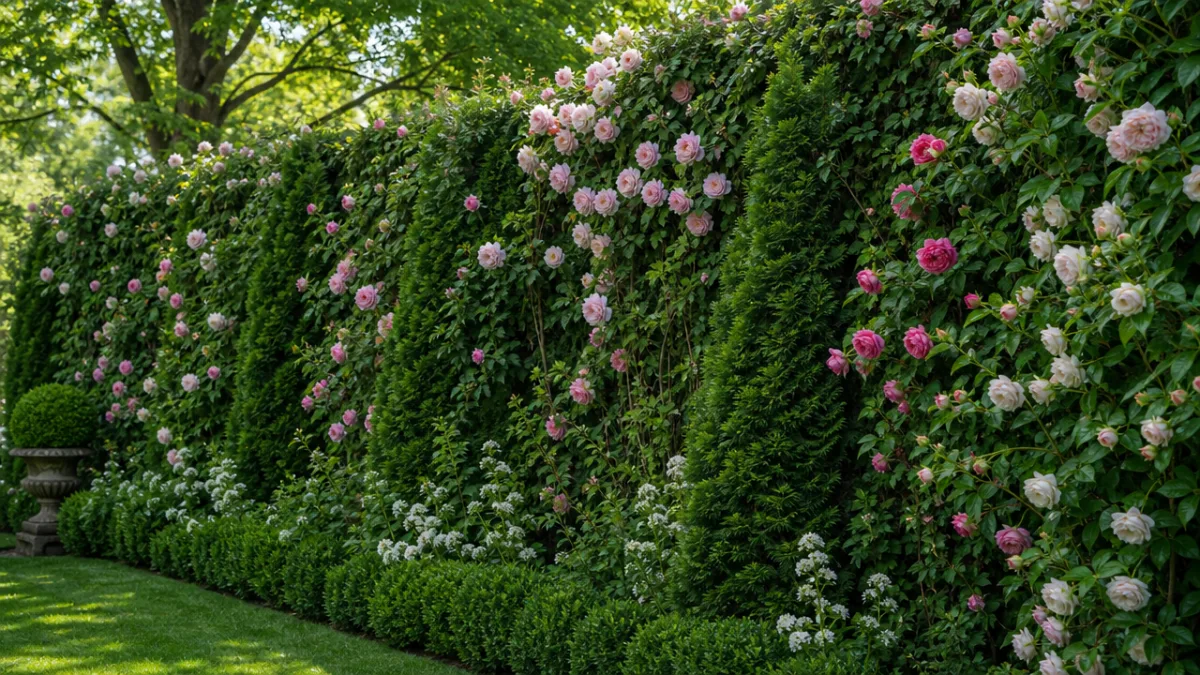 a lush garden privacy screen covered in climbing roses and evergreen shrubs,…