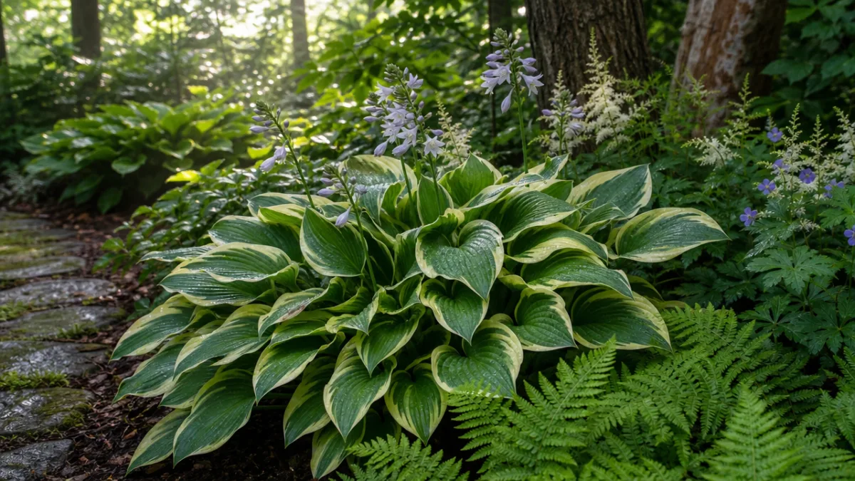 a lush woodland garden bed with Patriot Hosta plants in dappled morning…