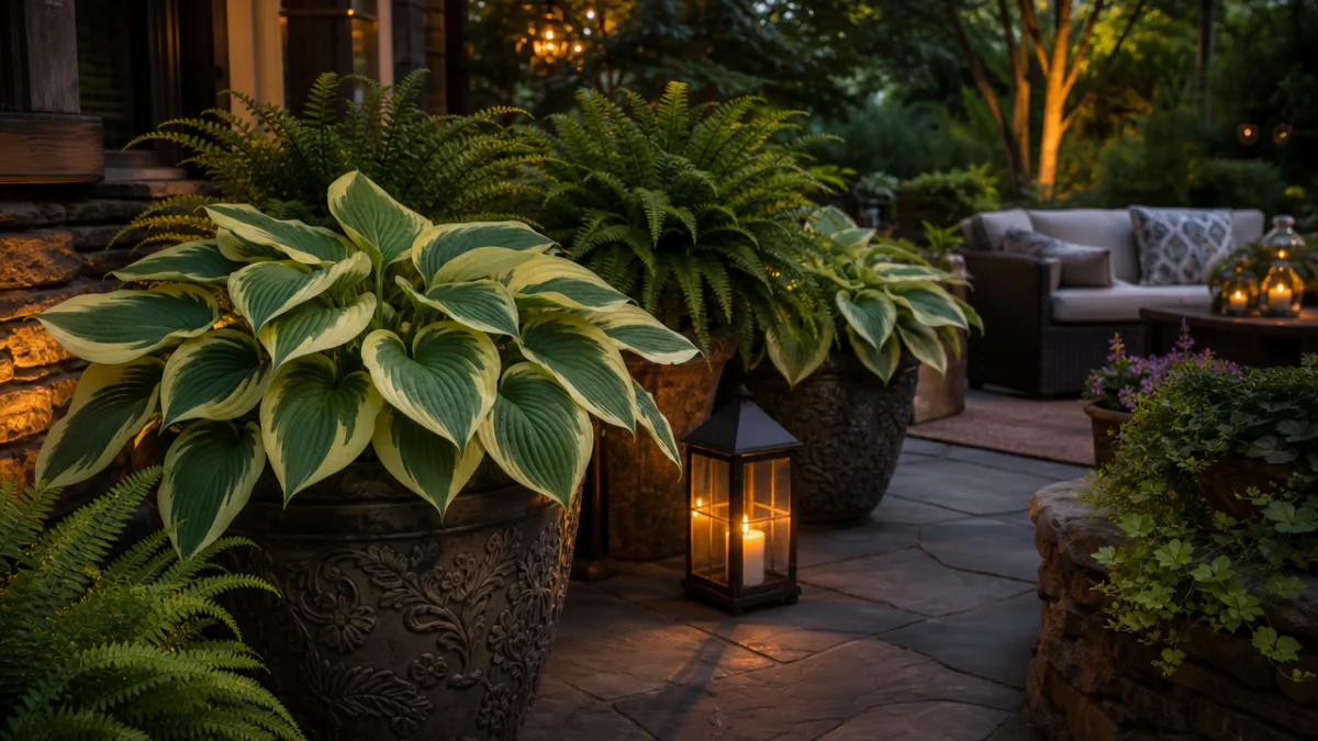 a shaded patio garden with Patriot Hosta in large decorative containers alongside…