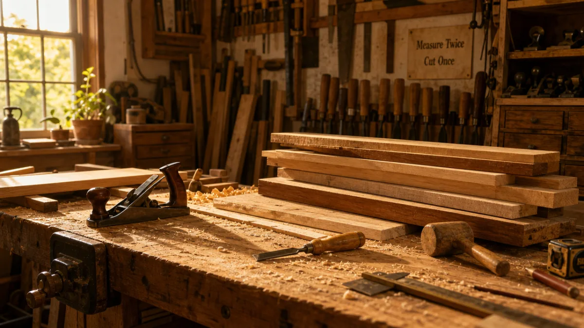 a warm workshop workbench with various wood planks, hand tools, and sawdust…