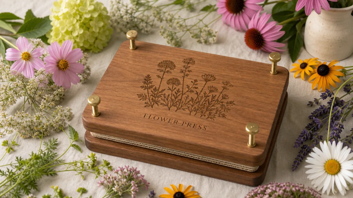 a beautifully finished wooden flower press surrounded by fresh garden flowers on…