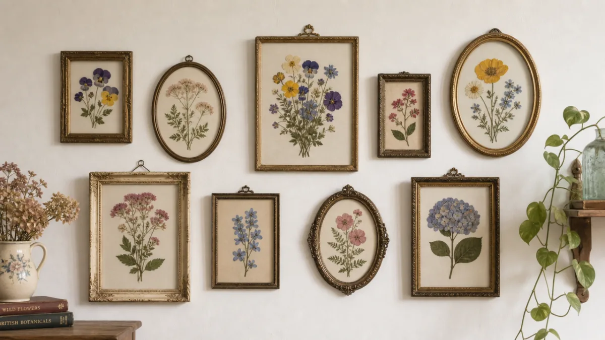 an arrangement of colorful pressed flowers displayed in vintage frames on a…