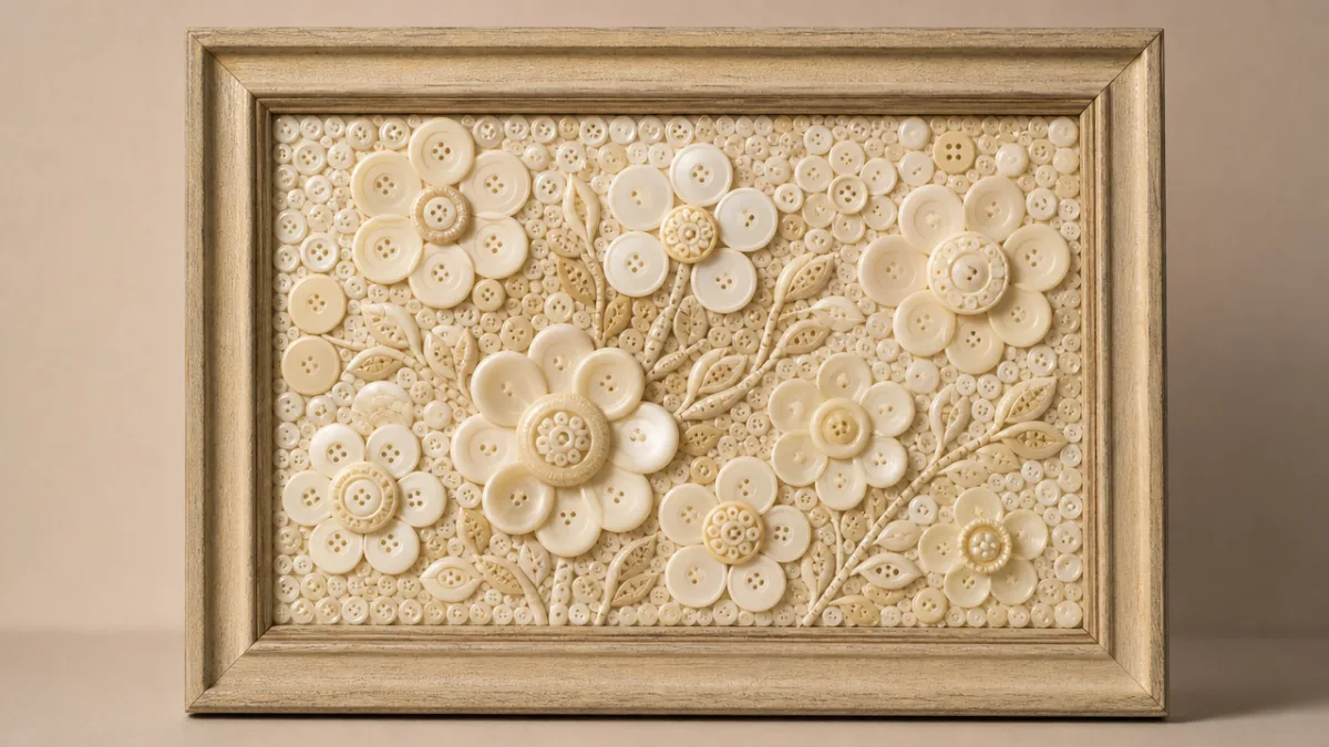a framed button mosaic wall art piece with cream and ivory buttons…