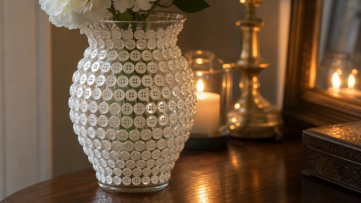 an elegant button-covered glass vase with white pearl buttons arranged in rows,…
