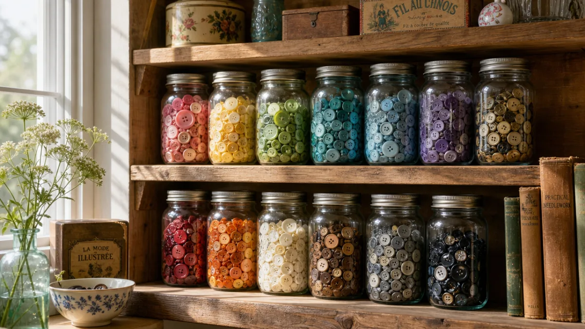 an artfully arranged collection of colorful vintage buttons sorted into glass mason…