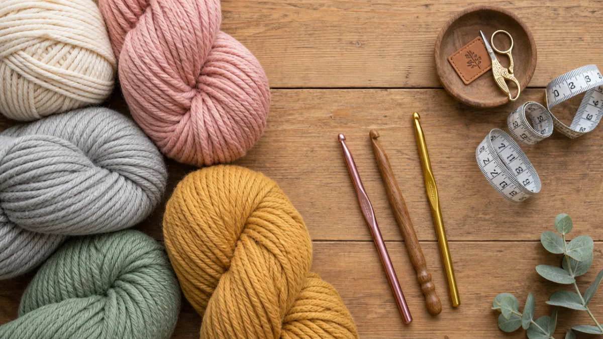 a flat lay of chunky yarn skeins, crochet hooks, and measuring tape…