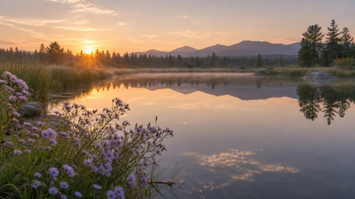 a still pond at dawn with pale lilac wildflowers reflecting in glassy…