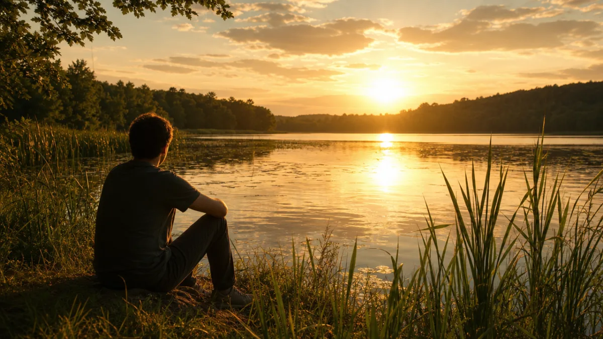 a lone figure sitting peacefully by a sunlit lake surrounded by green…