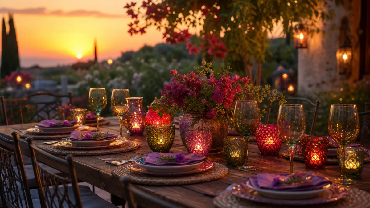 an elegantly styled outdoor dining table with colorful glass candle holders glowing…