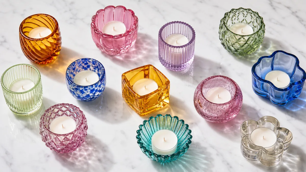 a carefully arranged flat lay of colorful glass candle holders on a…