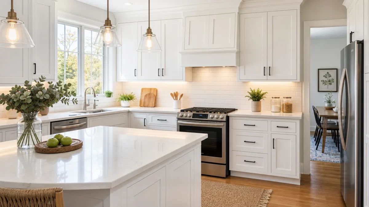 a bright modern kitchen with freshly painted white cabinets, warm under-cabinet lighting…