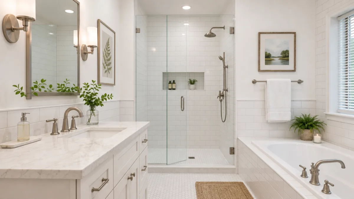 a clean bright bathroom with white subway tile, fresh grout lines, brushed…