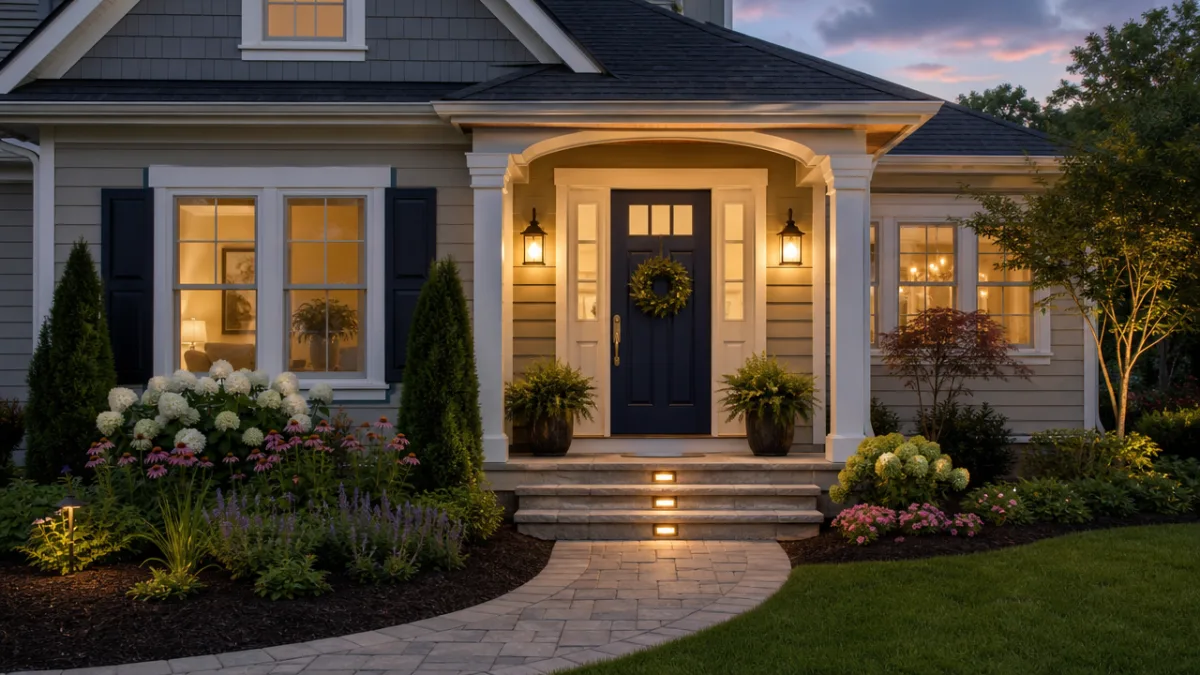 a welcoming home exterior with a bold navy front door, manicured garden…