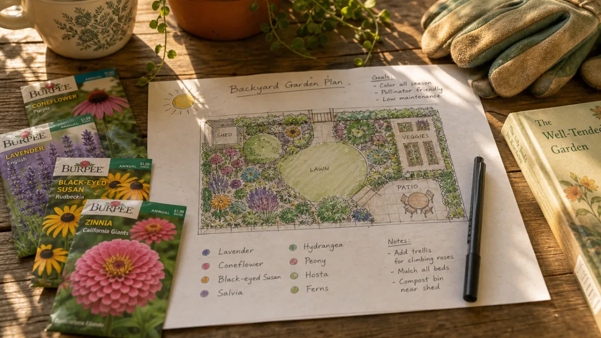 a sunlit backyard garden planning sketch on a wooden table surrounded by…