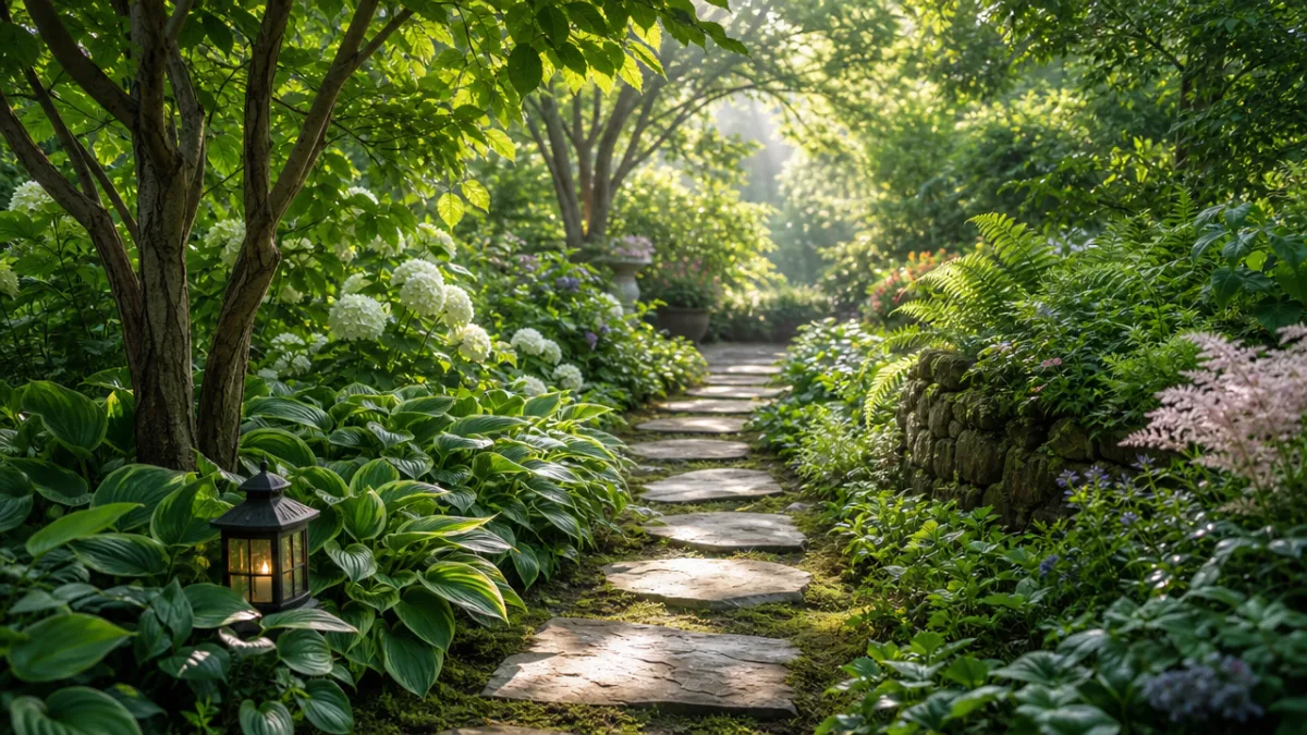 a beautifully edged garden path with stepping stones surrounded by lush green…