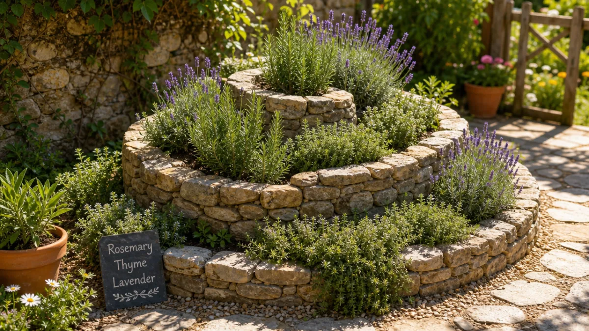 a charming stone herb spiral planted with rosemary thyme and lavender in…