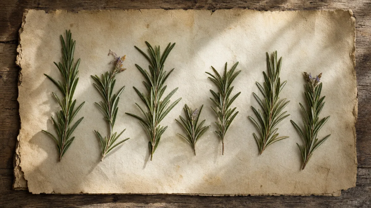 a flat lay of freshly pressed rosemary sprigs on aged parchment paper…