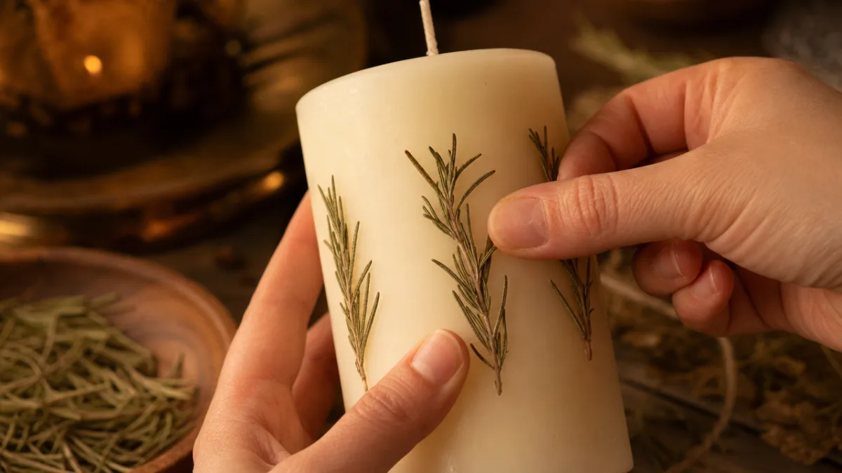 a close-up of hands pressing dried rosemary sprigs onto a cream pillar…