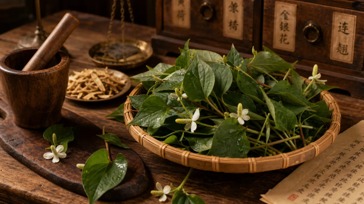 a traditional wooden medicine preparation surface with fresh Houttuynia cordata herbs, warm…