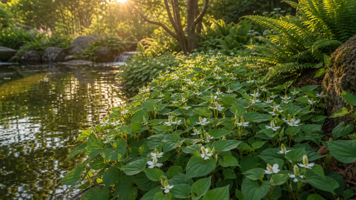 a lush garden pond edge covered in Houttuynia cordata ground cover, golden…
