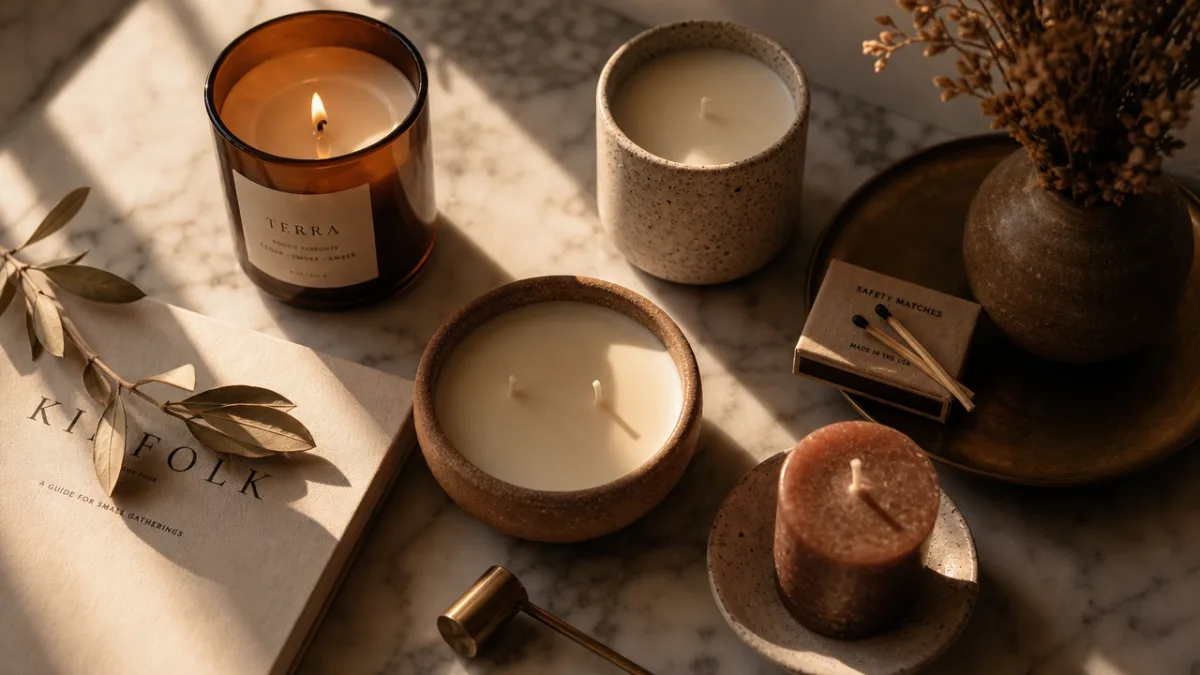 a styled flat lay of artisan candles in earthy tones on a…