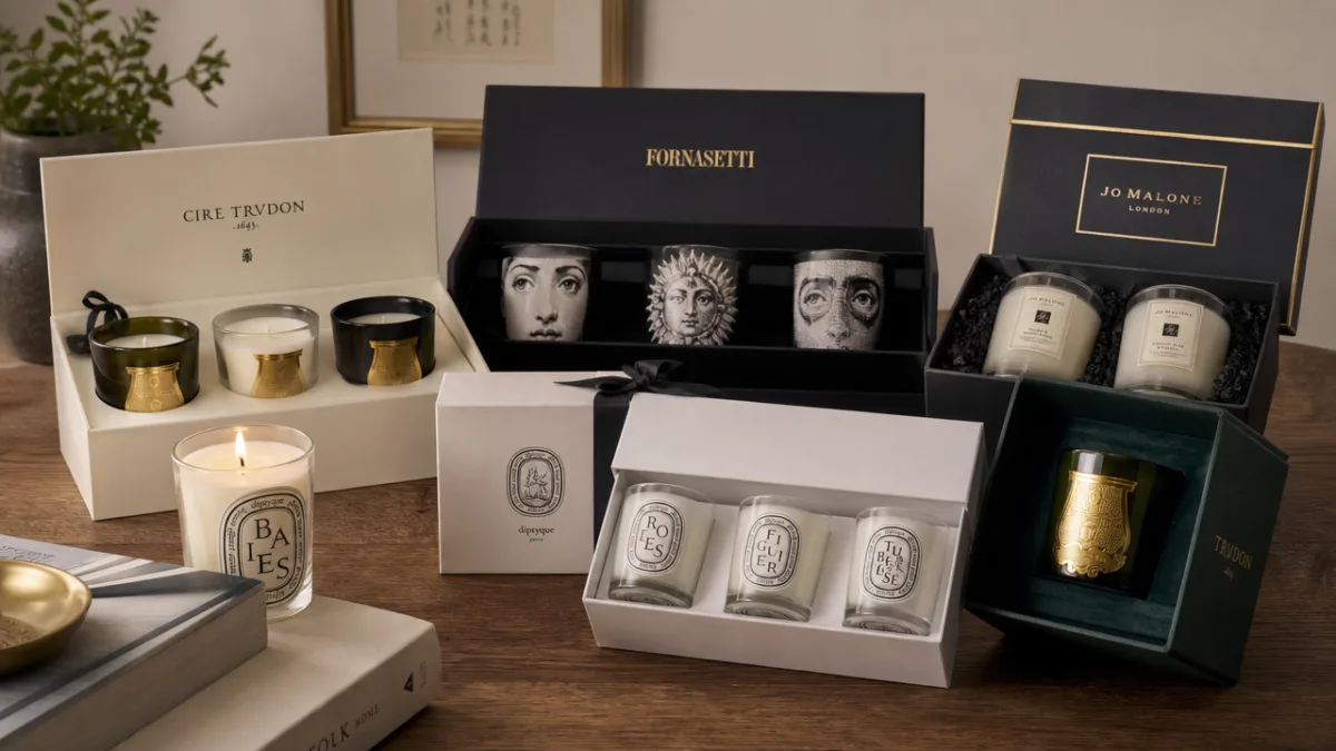 a collection of luxury candle gift sets arranged on a wooden surface,…