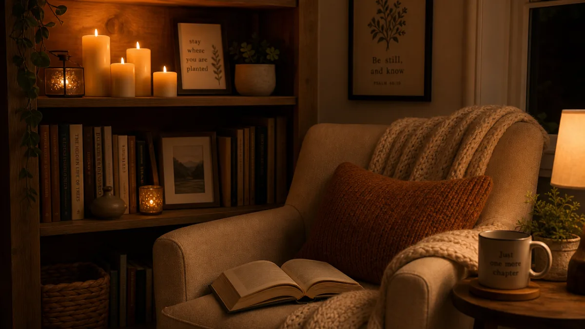 a cozy reading nook with lit pillar candles on a wooden shelf,…