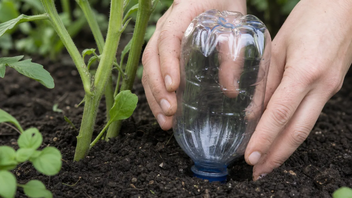 close-up of hands inserting an inverted clear plastic bottle into dark garden…