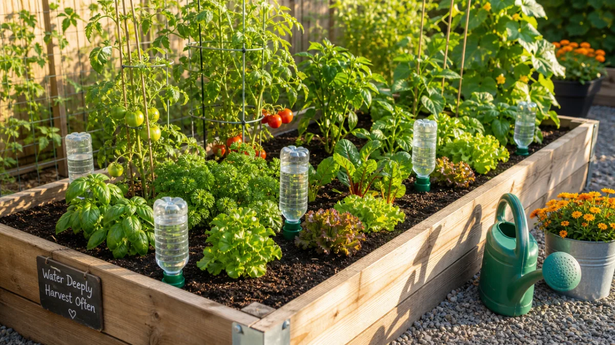 a neatly organized raised garden bed with multiple plastic bottle drip waterers…