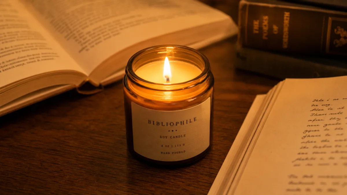 a close-up of a small soy candle on a wooden desk surrounded…