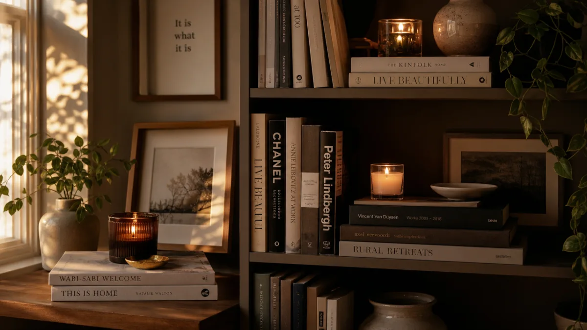 a curated bookshelf corner with stacked books and small candles arranged artfully,…