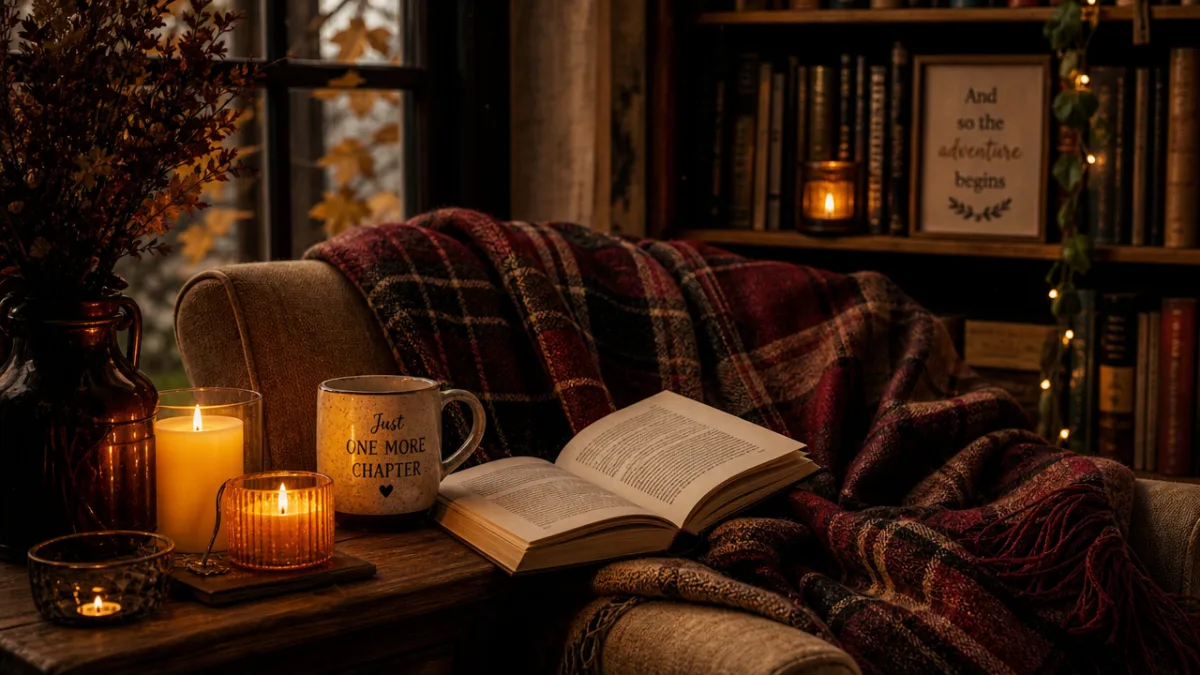 a cozy reading nook with flickering candle light, open novel, and plaid…