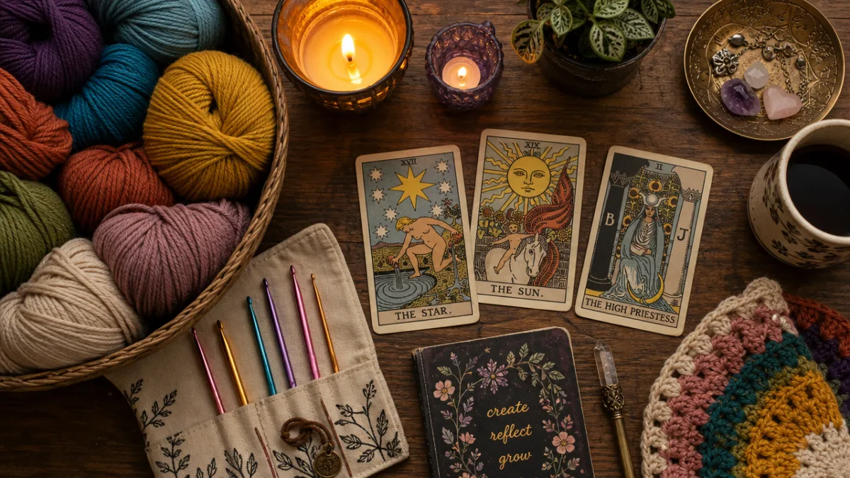 a flat lay of colorful yarn skeins, crochet hooks, and tarot cards…