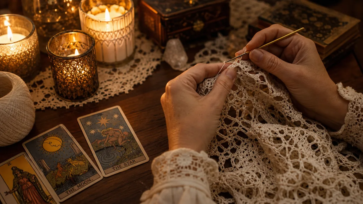 hands crocheting a delicate lace cloth beside lit candles and tarot cards,…